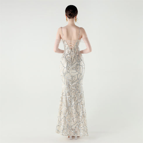 Graceful Sequin Embellished Mesh Mermaid Maxi Dress